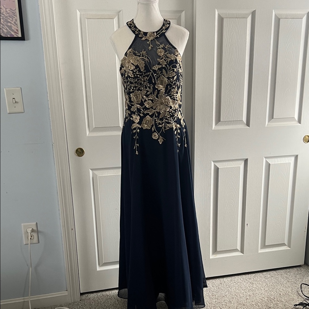 Elegant Betsy & Adam Navy and Gold Embroidered Dress